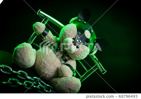 toy bear dressed in leather belts harness accessory for bdsm games on a dark background toy bear dressed in leather belts harness accessory for bdsm games on a dark background 68796493