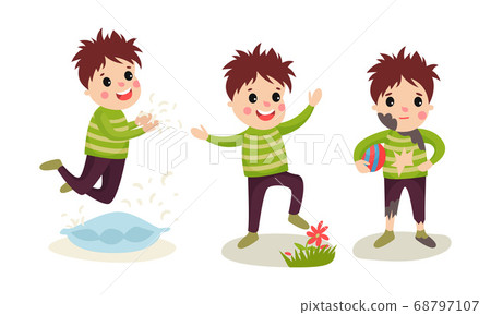 Naughty Boy Jumping on Pillow and Treading Down Flowers Vector Illustration Set Naughty Boy Jumping on Pillow and Treading Down Flowers Vector Illustration Set 68797107