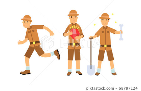 Young Man Archeologist Standing with Shovel and Bone Vector Illustration Set Young Man Archeologist Standing with Shovel and Bone Vector Illustration Set 68797124