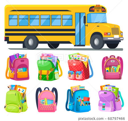 School Bus and Schoolbags with Stationery or Books 68797466