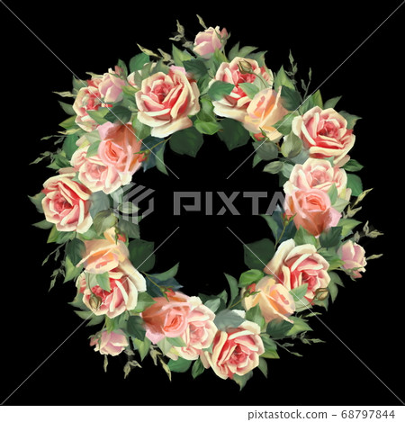 Wreath of flowers. Pink roses. Round frame. Old painting style 68797844