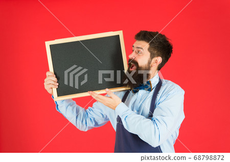 welcome on board. menu board. happy man chef with welcome on board. menu board. happy man chef with 68798872
