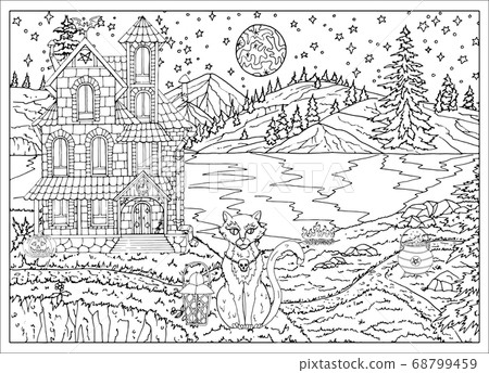 Download Halloween Spooky Scene With House Cat Lake Stock Illustration 68799459 Pixta