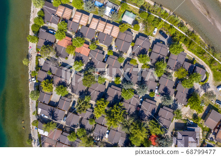 Aerial view of camping park with chalets 68799477