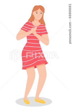 Female character complains of a chest pain, shows a hand on a place on the body that hurts Female character complains of a chest pain, shows a hand on a place on the body that hurts 68800081