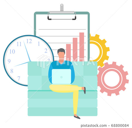 Freelancer Man Working on Couch with Laptop Vector 68800084