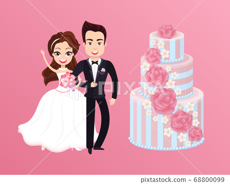 Happy Bride with Groom and Holiday Cake. Vector 68800099