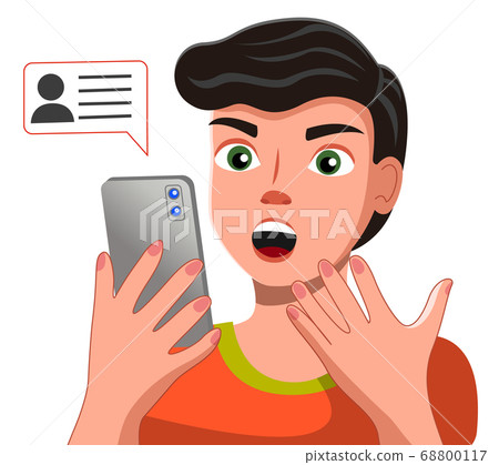 Handsome young man in casual t-shirt talking on the smartphone with chat bubble vector illustration Handsome young man in casual t-shirt talking on the smartphone with chat bubble vector illustration 68800117