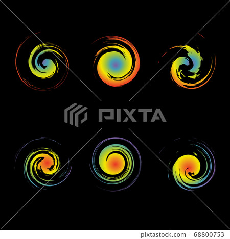 Creative Swirl Vector Symbols are similar to the image of hurricane cyclone wind, tropical typhoon, spiral storm, tornado on a climate map. Set of color grunge curl logo isolated on black background Creative Swirl Vector Symbols are similar to the image of hurricane cyclone wind, tropical typhoon, spiral storm, tornado on a climate map. Set of color grunge curl logo isolated on black background 68800753