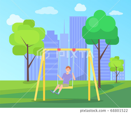 Boy on a swing against the city landscape. Happy cartoon kid playing in playground on the backyard Boy on a swing against the city landscape. Happy cartoon kid playing in playground on the backyard 68801522