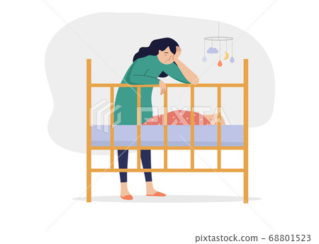 Tired mother with baby, suffering with postnatal depression Tired mother with baby, suffering with postnatal depression 68801523