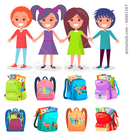 Pupils and Backpack Sticker, School Sign Vector Pupils and Backpack Sticker, School Sign Vector 68801567