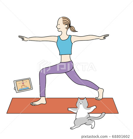 Woman and cat taking yoga lessons online 68801602