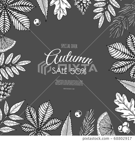 Autumn sale flyer template. Bright fall leaves. Poster, card, label, banner design. Autumn sale flyer template. Bright fall leaves. Poster, card, label, banner design. 68802917