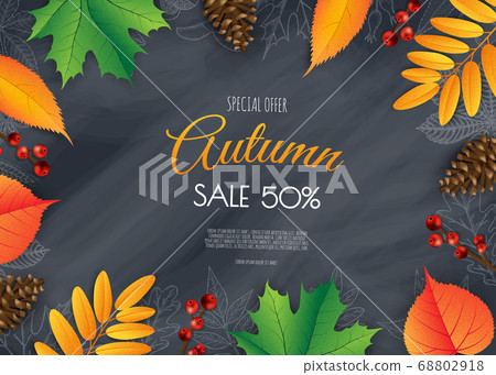 Autumn sale flyer template. Bright fall leaves. Poster, card, label, banner design. Autumn sale flyer template. Bright fall leaves. Poster, card, label, banner design. 68802918