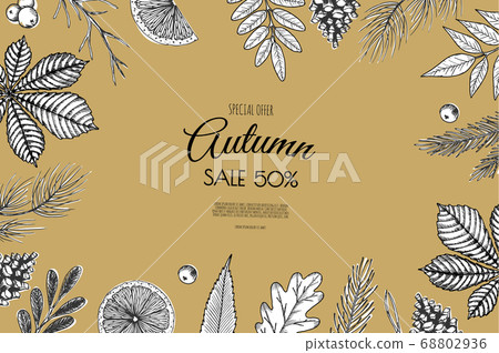 Autumn sale flyer template. Bright fall leaves. Poster, card, label, banner design. Autumn sale flyer template. Bright fall leaves. Poster, card, label, banner design. 68802936