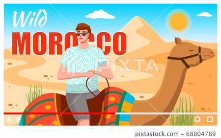 Videoplayer interface, stylish guy wearing sunglasses at camel in wild Morocco at desert background 68804789