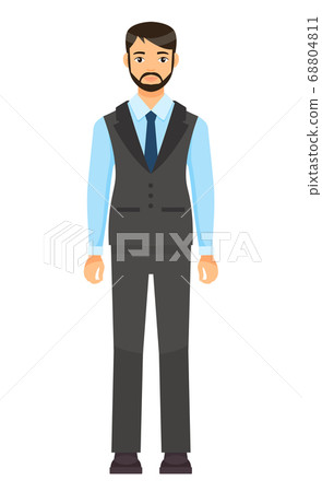 Dresscode of office worker, man in stylish coat, vest and trousers, blue tie, bearded businessman 68804811