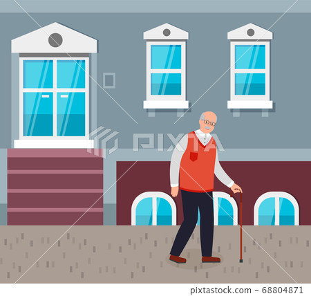 Elderly man with glasses and cane walking down the street. Vintage house with porch and socle 68804871