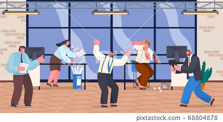 Man with phone calling, woman with folders, people running, chaos in office, unorganized workers Man with phone calling, woman with folders, people running, chaos in office, unorganized workers 68804878