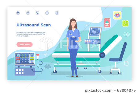 Concept of lanfding page of medical website, ultrasound scanning, woman doctor with clipboard Concept of lanfding page of medical website, ultrasound scanning, woman doctor with clipboard 68804879