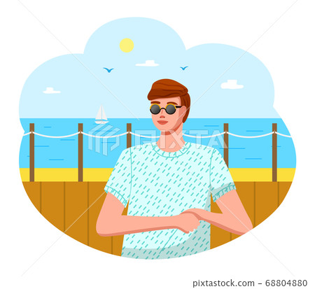 Man on the beach. Ocean background with seagulls, bright sun and sailboat. Traveling and vacation Man on the beach. Ocean background with seagulls, bright sun and sailboat. Traveling and vacation 68804880
