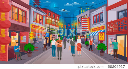 Chinatown with tourists and Chinese sellers. Walk along the Chinese streets. Bright design Chinatown with tourists and Chinese sellers. Walk along the Chinese streets. Bright design 68804917