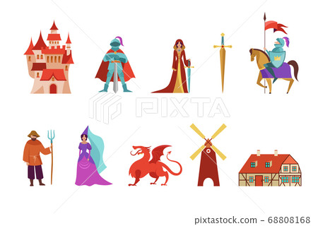 Medieval and fairy tales characters, knights, farmer, princess and horses. Vector illustrations  68808168