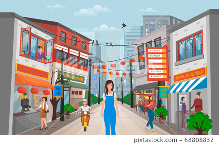 Walk in the chinese street with showcase trade shops. Girl walking at streets in chinese city 68808832
