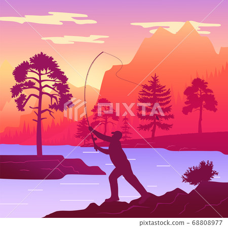 Fisherman with a fishing rod on the shore of a forest river. Silhouette of a man standing on coast Fisherman with a fishing rod on the shore of a forest river. Silhouette of a man standing on coast 68808977