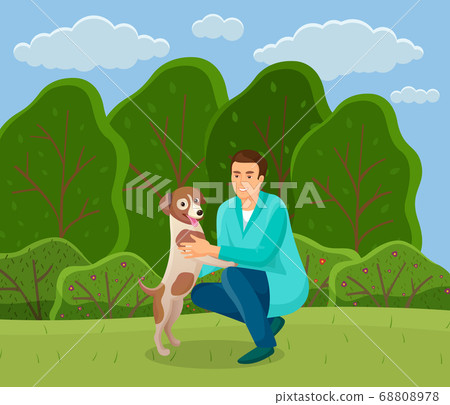 Walk with dog in the park. Man is sitting and playing with a pet in summer garden with high trees Walk with dog in the park. Man is sitting and playing with a pet in summer garden with high trees 68808978