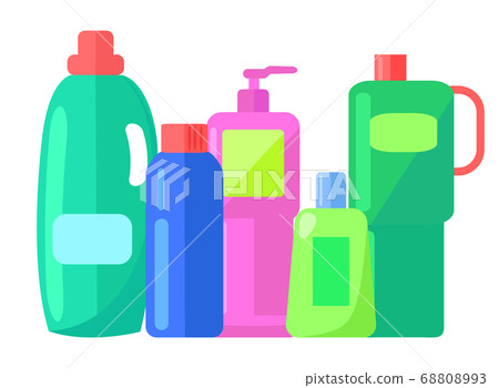 Plastic detergent bottles set. Household chemical containers plastic bottle pack on white background Plastic detergent bottles set. Household chemical containers plastic bottle pack on white background 68808993