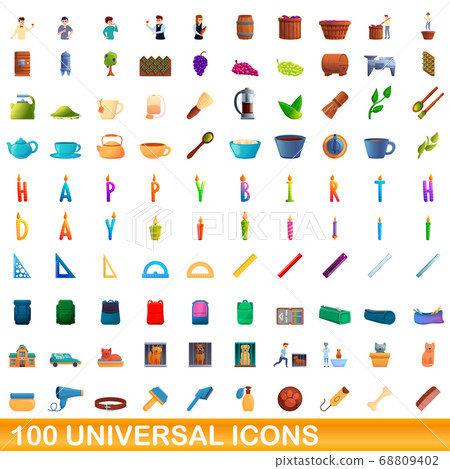 100 universal icons set, cartoon style 100 universal icons set, cartoon style 68809402