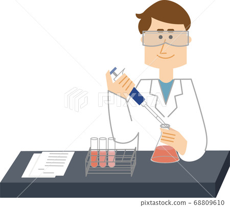 A male researcher in a white coat wearing protective glasses and under R&D A male researcher in a white coat wearing protective glasses and under R&D 68809610