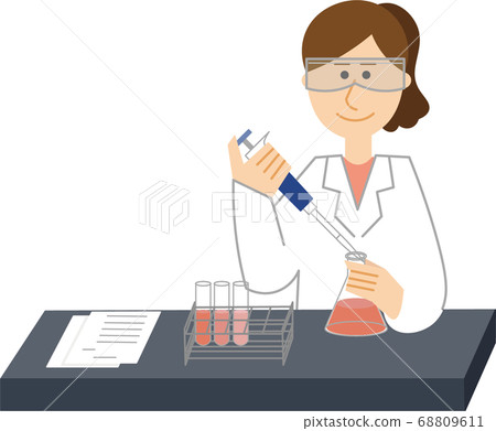 穿著白大褂，戴著防護眼鏡並處於研發中的女性研究員 68809611