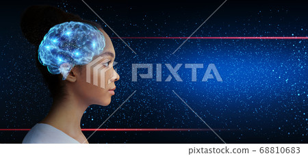 Intelligent asian girl with illuminated brain looking at free space 68810683