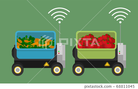 Mobile green and blue cars transporting vegetables, controlled by wi-fi. Modern urban agriculture 68811045