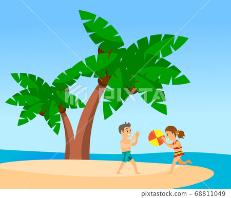 Children play ball on the beach, palm trees on uninhabited island. Travelling to hot countries Children play ball on the beach, palm trees on uninhabited island. Travelling to hot countries 68811049