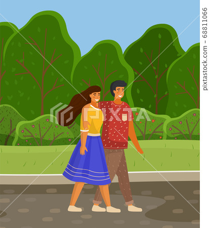 Dating couple outdoor summer landscape walking together. Young peolpe smiling man and woman hugging 68811066