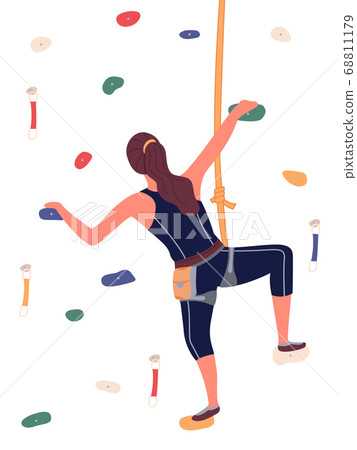 Girl is climbing in climbing hall. Bouldering equipment. Indoor activity. Flat illustration Girl is climbing in climbing hall. Bouldering equipment. Indoor activity. Flat illustration 68811179