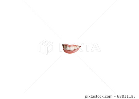 Close-up view of female mouth wearing red lipstick isolated on white studio background Close-up view of female mouth wearing red lipstick isolated on white studio background 68811183