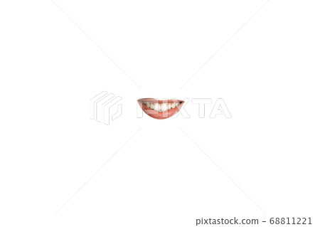 Close-up view of female mouth wearing red lipstick isolated on white studio background 68811221