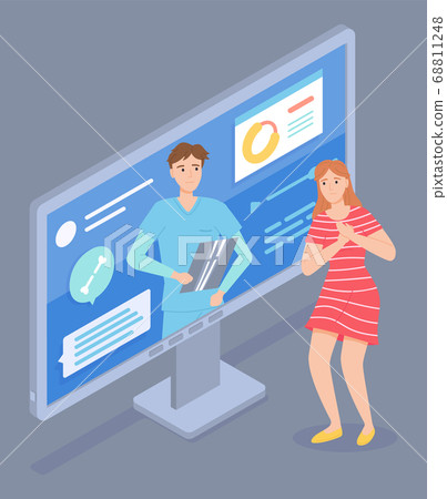 Online consultation with a traumatologist and worried woman. Human broken bone and x-ray on screen 68811248