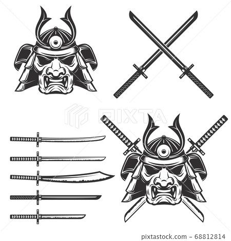 Set of the samurai mask with crossed swords Set of the samurai mask with crossed swords 68812814