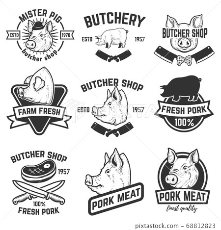 Set of pork meat labels. Butcher shop. Pig heads. 68812823