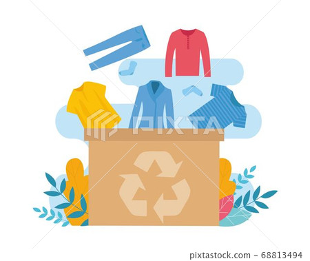 Vector illustration with carton box and old clothes for upcycling, white background 68813494