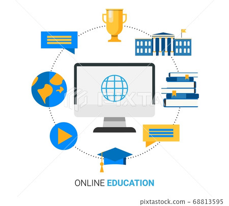 Online Education Illustration With Computer And Internet Icons, White Background Online Education Illustration With Computer And Internet Icons, White Background 68813595