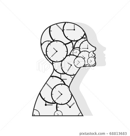 Female Portrait Made Of Clocks Over White Background, Illustration, Side-View 68813683