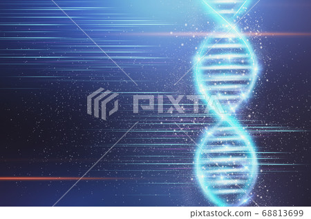 Human genetics. Illustration with shiny DNA helix over blue background, blank space 68813699