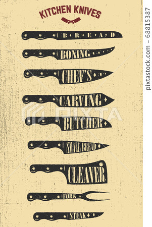 Set of hand drawn kitchen knives illustrations. 68815387